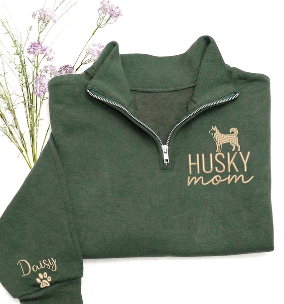 Husky Mom Sweatshirt, Custom Husky Mom Quarter Zip Sweatshirt Name on Sleeve, Husky Lover Gifts, Dogs Name Sleeve, Chirstmas Gifts