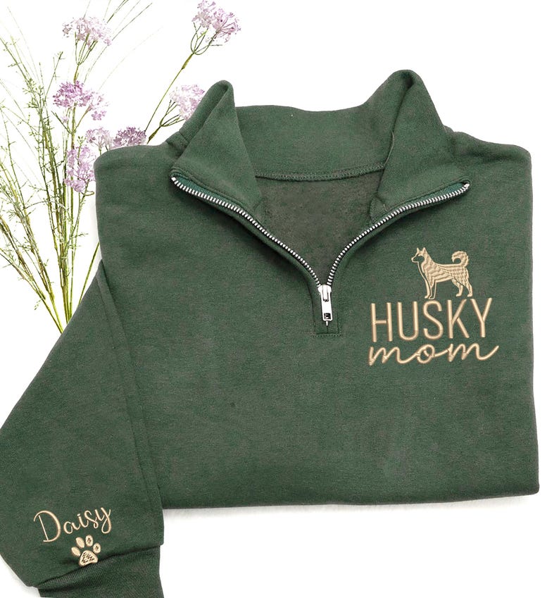 Husky Mom Sweatshirt, Custom Husky Mom Quarter Zip Sweatshirt Name on Sleeve, Husky Lover Gifts, Dogs Name Sleeve, Chirstmas Gifts