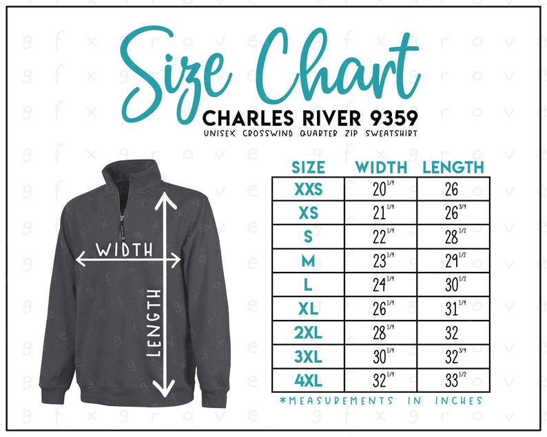 Op de afbeelding: Een donkergrijs unisex sweatshirt met een kwartrits en een maattabel. De tabel toont maten XXS tot 4XL, met breedte- en lengtematen in inches. De tekst "Size Chart" staat bovenaan, samen met "CHARLES RIVER 9359".