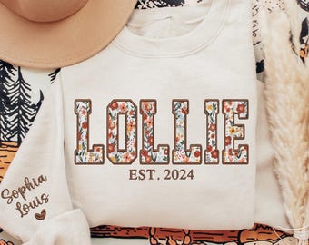 Custom Embroidered Lollie Sweatshirt, Lollie Floral Applique Sweatshirt, Lollie Sweater Kids on Sleeve, Personalized Gift for Lollie Grandma