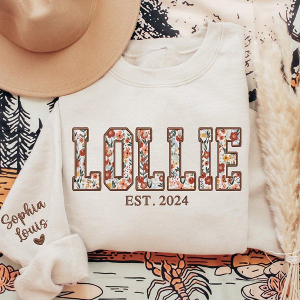 Sudadera Lollie bordada personalizada, sudadera con apliques florales Lollie, suéter Lollie para niños en la manga, regalo personalizado para la abuela Lollie