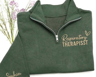 Respiratory Therapist Quarter Zip Sweatshirt, Personalized RT Hoodie,Embroidered Name Shirt, Respiratory Therapy Gift for Healthcare Worker