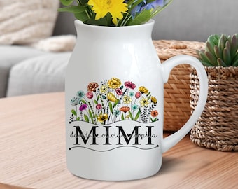 Custom Mimi Flower Vase, Personalized Mimi Wildflowers Flower Vase, Wildflower Flower Vase with Kidnames Mothers Day Vase