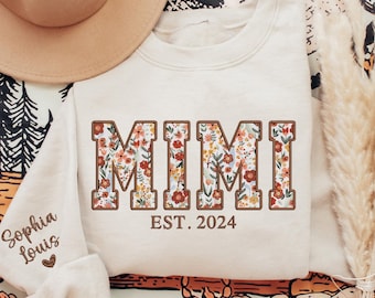 Custom Embroidered Mimi Sweatshirt, Mimi Floral Applique Sweatshirt, Mimi Sweater with Kids on Sleeve, Personalized Gift for Mimi Grandma