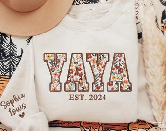 Custom Embroidered Yaya Sweatshirt, Yaya Floral Applique Sweatshirt, Yaya Sweater with Kids on Sleeve, Personalized Gift for Yaya Grandma