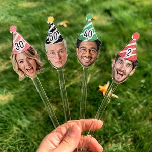 May include: Four clear plastic sticks with colorful party hats and faces printed on them. The hats have numbers on them: 30, 50, 40, and 2.