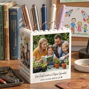 Custom Photo Brick Pencil Holder, Fathers Day Gift for Dad from Kids, Personalized Building Block Pen Pot, Unique Desk Organizer Men Gift 16