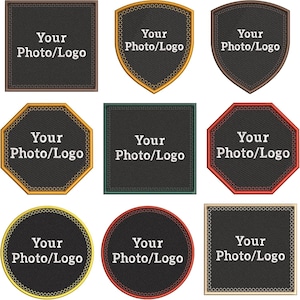 May include: A collection of nine embroidered patches in various shapes: square, shield, octagon, and circle. Each patch features a black center with the text "Your Photo/Logo" in white, surrounded by a decorative border. The borders are in colors like gold, red, and brown.