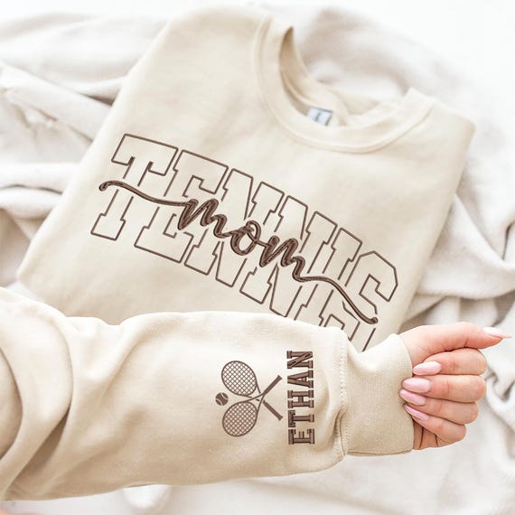 Custom Embroidered Tennis Mom Sweatshirt, Personalized Tennis Mama Shirt Sweatshirt Hoodie with Kid Name, Gifts For Tennis Mom