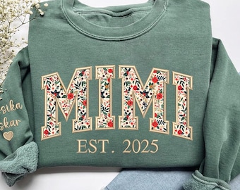 Custom Embroidered Mimi Sweatshirt, Personalized Mimi Floral Applique Sweatshirt, Mimi Sweater with Kids on Sleeve, Gift for Mimi, Grandma