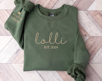 Custom Embroidered Lolli Sweatshirt with Grandkids Names on Sleeve, Est Date Lolli Sweatshirt, Gift for Lolli, Minimalist Lolli Sweater