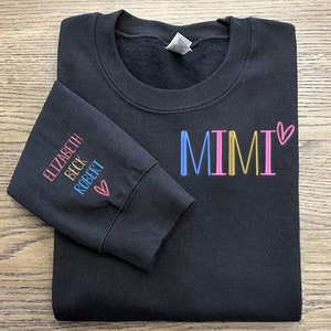 Embroidered Mimi Sweatshirt, Custom Mimi Embroidered Embroidery Gifts, Custom Mimi Gifts with Kids on sleeve, Embroidered Gifts for Mimi