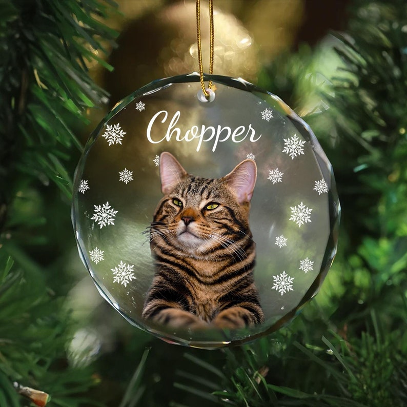 May include: A round glass Christmas ornament with a picture of a tabby cat and the name "Chopper" printed on it. The ornament is decorated with white snowflakes.