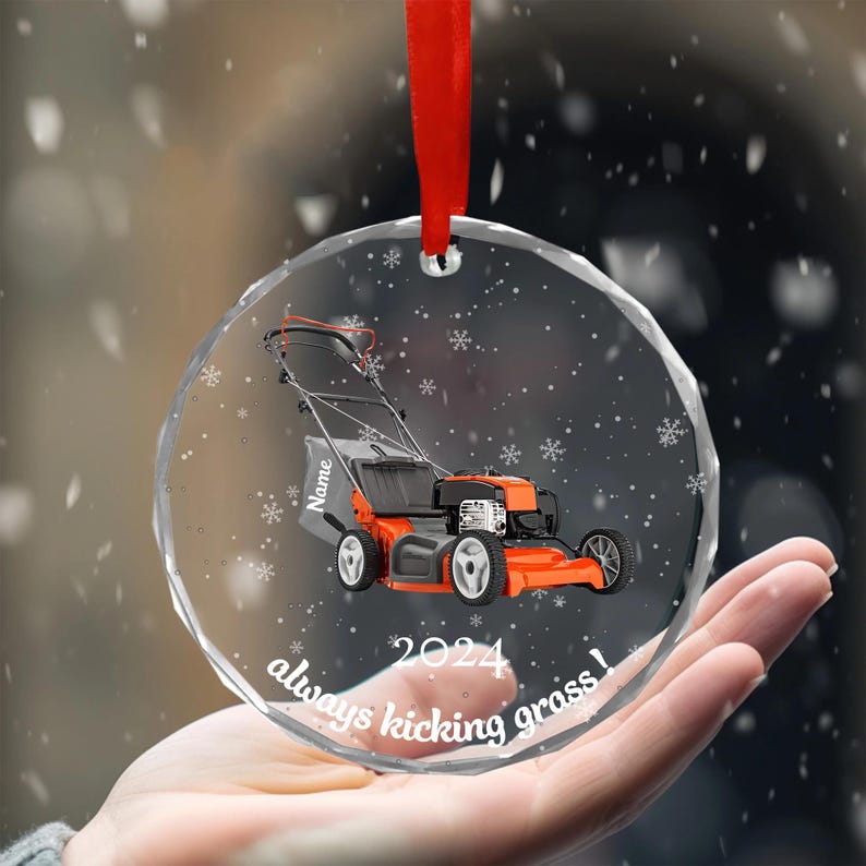 Personalized Lawn Mower Hanging Glass Ornament, Gardening Lovers