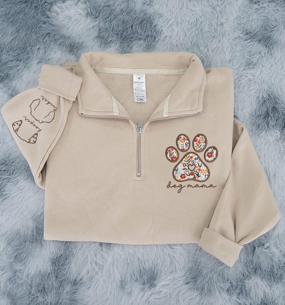 Embroidery Dog Mom Sweatshirt, Custom Dog Mama Quarter Zip Sweatshirt And Dog Ear, Puggle Lover Gift, Mother day, Chirstmas Gifts, Dog Gifts