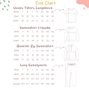 May include: A size chart for unisex t-shirts, long sleeves, sweatshirts, hoodies, quarter-zip sweatshirts, and long sweatpants. Measurements are in inches for chest, length, waist, inseam, and outseam, with sizes ranging from S to 4XL.
