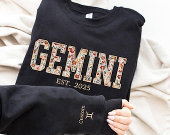 Custom Embroidery Gemini Zodiac Sweatshirt, Gemini Zodiac Floral Sweater, Custom Zodiac Sign on Sleeve, Gifts for Astrology, Birthday