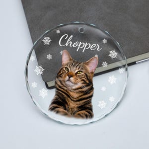 May include: A round glass ornament with a brown tabby cat with green eyes and the name "Chopper" written in white on the ornament. The ornament is decorated with white snowflakes.