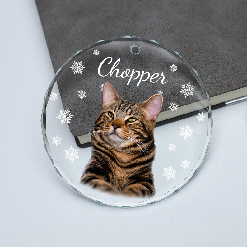 May include: A round glass ornament with a brown tabby cat with green eyes and the name "Chopper" written in white on the ornament. The ornament is decorated with white snowflakes.