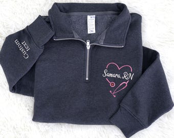 Nurse Custom Quarter Zip Sweatshirt-Jerzees Nublend Quarter Zip-Custom Embroidered-Personalized-Nursing Graduation-Nurse-RN-Gift for her