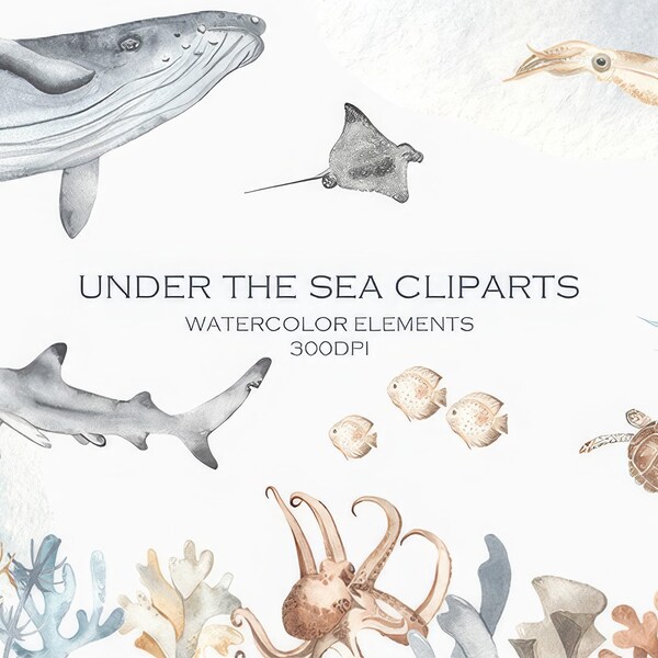 100+ Sea Wildlife Watercolor Clipart, Ocean Clipart, Wedding Invitation, PNG Clipart, Ocean Animal, Commercial Use, Digital Download | C0096