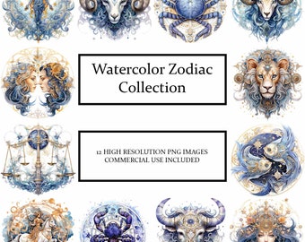 12 Zodiac Signs Watercolor Clipart | Horoscope Clipart | PNG Astrology Clipart | Commercial Use | Digital Download | C0059