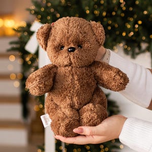 May include: A brown teddy bear with a soft, plush texture. The bear has a small black nose and is being held up. The background includes Christmas decorations, suggesting a holiday theme. The bear is a classic toy.