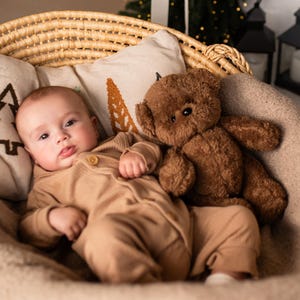 May include: A baby in a tan onesie rests in a wicker basket lined with a beige blanket. A brown teddy bear and two decorative pillows with tree and leaf designs are also in the basket. The scene is warmly lit.