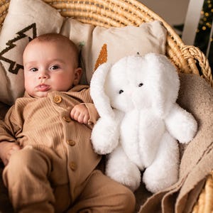 Puede incluir: Un bebé con un mono acanalado marrón yace en una cesta tejida con un conejito de peluche blanco. La cesta contiene almohadas con diseños de árboles y una manta suave. La escena es cálida y acogedora, ideal para un bebé.