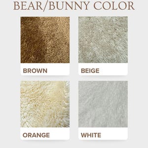Pode incluir: Imagem mostrando quatro amostras de cores rotuladas como "Cor Urso/Coelho". As cores s&atilde;o marrom, bege, laranja e branco. Cada amostra mostra um close-up de um material fofo e texturizado, provavelmente tecido ou pele.
