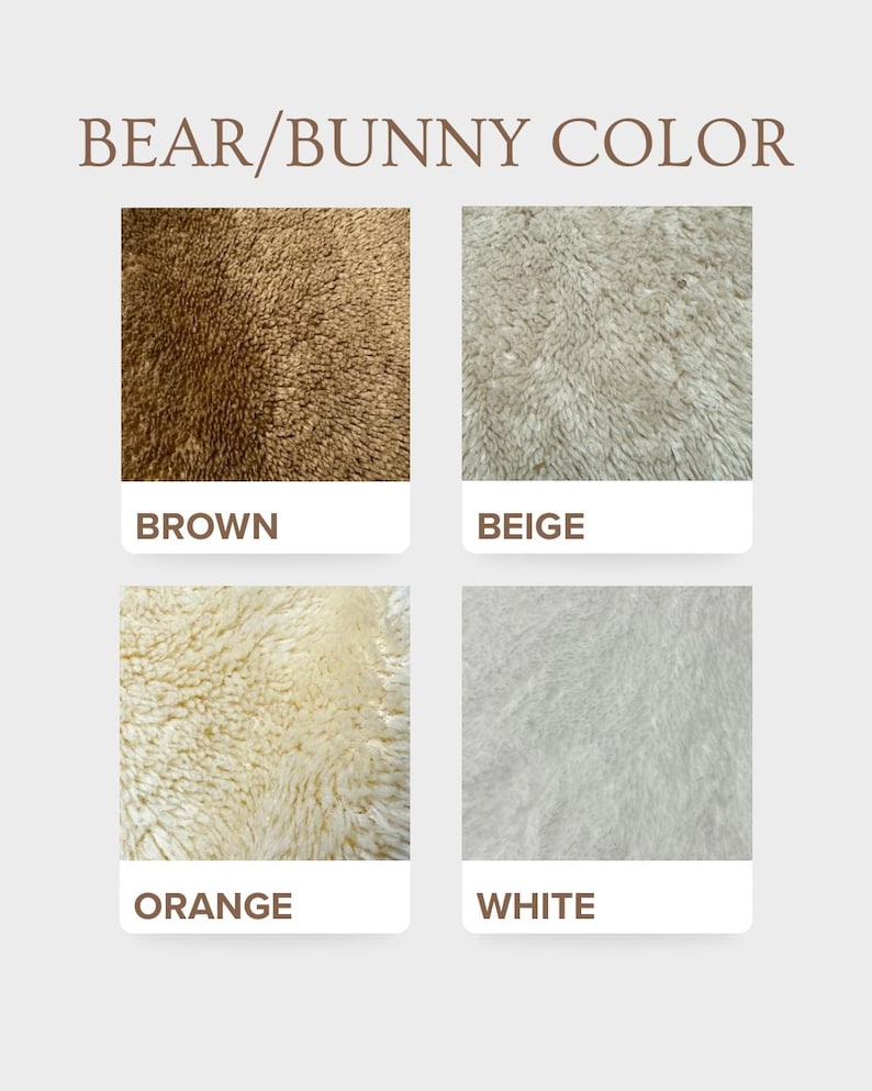Pode incluir: Imagem mostrando quatro amostras de cores rotuladas como "Cor Urso/Coelho". As cores s&atilde;o marrom, bege, laranja e branco. Cada amostra mostra um close-up de um material fofo e texturizado, provavelmente tecido ou pele.