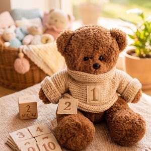 Può includere: Un orsacchiotto marrone con un maglione beige con il numero 1. L'orso è su una coperta beige con blocchi di legno ed etichette numerate. Un cesto di peluche è sullo sfondo.