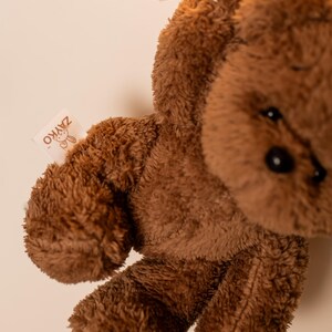 Pode incluir: Um urso de pel&uacute;cia marrom com uma textura macia e fofa. O urso tem olhos pretos e uma pequena etiqueta que diz "ZAYKO". O brinquedo de pel&uacute;cia est&aacute; pendurado por um fio, com seus bra&ccedil;os e pernas vis&iacute;veis.