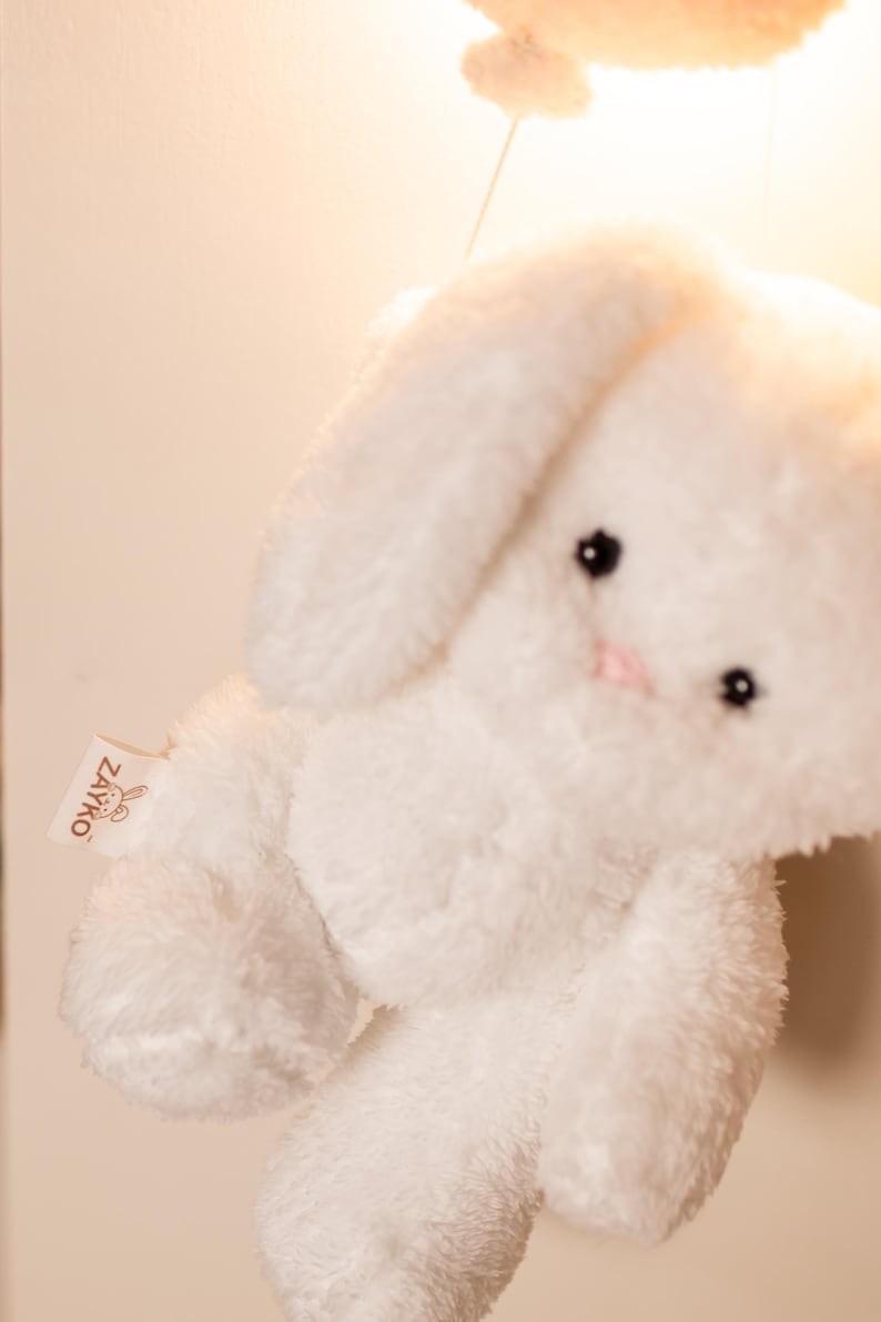 Pode incluir: Um coelho de pel&uacute;cia branco com orelhas longas e ca&iacute;das e um pequeno nariz rosa. O coelho tem olhos pretos de bot&atilde;o e uma textura macia e fofa. A marca "ZAYKO" &eacute; vis&iacute;vel em uma etiqueta.