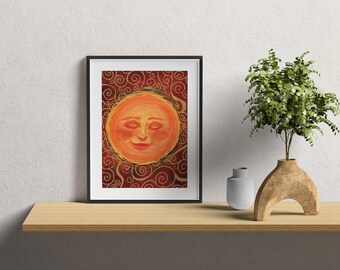 THE CELESTIAL SUN, Serene Sun, Celestial Wall Decor, Sun and Moon, Celestial Painting, Celestial Print, Hand Painted