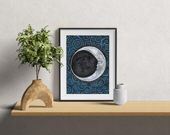 THE CELESTIAL MOON, Mysterious Moon, Celestial Wall Decor, Sun and Moon, Celestial Painting, Celestial Print, Hand Painted