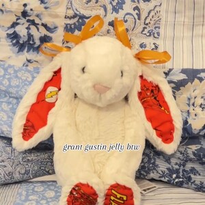 May include: A white plush bunny with red and yellow accents. The bunny's ears and feet feature a comic book design with the word "FLASH". The bunny has orange ribbons tied to its ears.