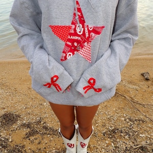 Embroidered College Star Crewneck Sweatshirt: Fabric Patchwork Gameday Apparel