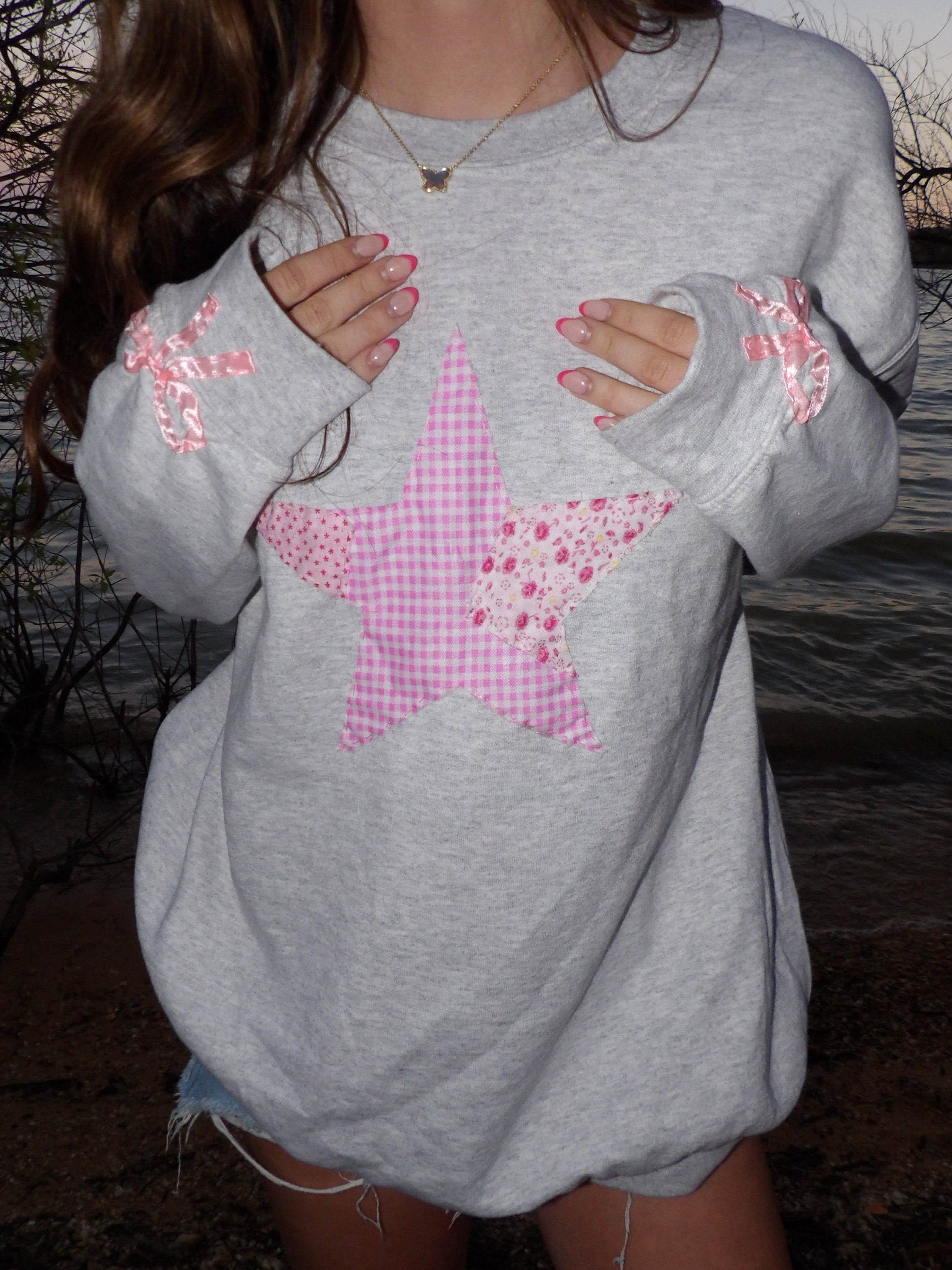 Pink Star Sweatshirt, Crewneck, Embroidered, Fabric Patch Work