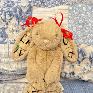 May include: A plush, tan bunny with long ears tied with red ribbons. The bunny's ears and feet are decorated with festive designs, including the letters "LN" and a string of lights. The bunny is set against a blue and white patterned background.