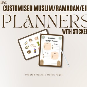 K&ouml;nnte beinhalten: Ein digitales Tablet zeigt einen druckbaren Ramadan-Budgetplaner mit Abschnitten f&uuml;r Almosen, Geschenkk&ouml;rbe, Kekse und Notizen. Der Planer ist undatiert und hat w&ouml;chentliche Seiten. Das Tablet ist von einem Satz Aufklebern mit islamischen Symbolen umgeben.
