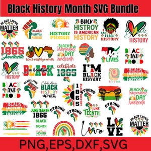 May include: A collection of 25 colorful SVG designs celebrating Black History Month. The designs feature various phrases and images, including "Black Lives Matter", "Black History is American History", "Juneteenth 1865", and "Black and Proud".