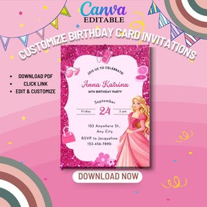 Faire-part de fête modifiable Barbie - faire-part d'anniversaire de poupée - invitation de fête d'anniversaire de filles mode - modèle numérique imprimable