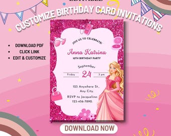 Editable Barbi Girl Party Invitation - Doll Birthday Invitation - Fashion Girls Birthday Party Invite - Digital Template Printable