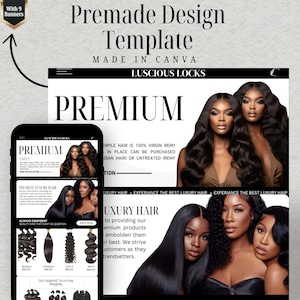 May include: A website design template for a hair extension business. The template features a black and white colour scheme with the text "LUSCIOUS LOCKS" and "PREMIUM" in large, bold font. The template also includes images of women with long, flowing hair.