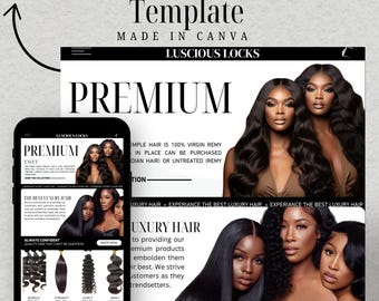 Haar Website-Design, Haar Banner, Canva Haar Website, Luxus-Erweiterungen Perücken Website Vorlage, 55Hair Stock Bilder, Vorgefertigte Shopify Website