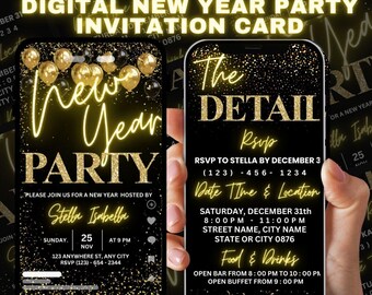 Könnte beinhalten: Eine digitale Einladungskarte für eine Silvesterparty. Die Karte hat einen schwarzen Hintergrund mit goldenem Glitzer und Text. Der Text lautet "New Year Party" und enthält Details zur Party, wie Datum, Uhrzeit und Ort. Die Karte enthält auch eine RSVP-Anfrage.