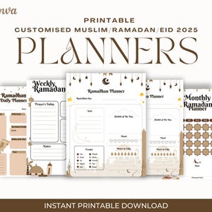 K&ouml;nnte beinhalten: Druckbare Ramadan-Planer in Braun und Beige mit einem dekorativen Design. Die Planer umfassen einen Tages-, Wochen- und Monatsplaner.