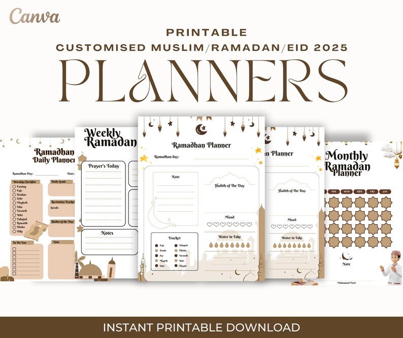 K&ouml;nnte beinhalten: Druckbare Ramadan-Planer in Braun und Beige mit einem dekorativen Design. Die Planer umfassen einen Tages-, Wochen- und Monatsplaner.
