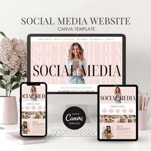 May include: Mockup of a website template for social media management services. The template is shown on a laptop, tablet, and smartphone. The website features a pink and white colour scheme with the text "Social Media" in black. The website also includes a section for testimonials and contact information.